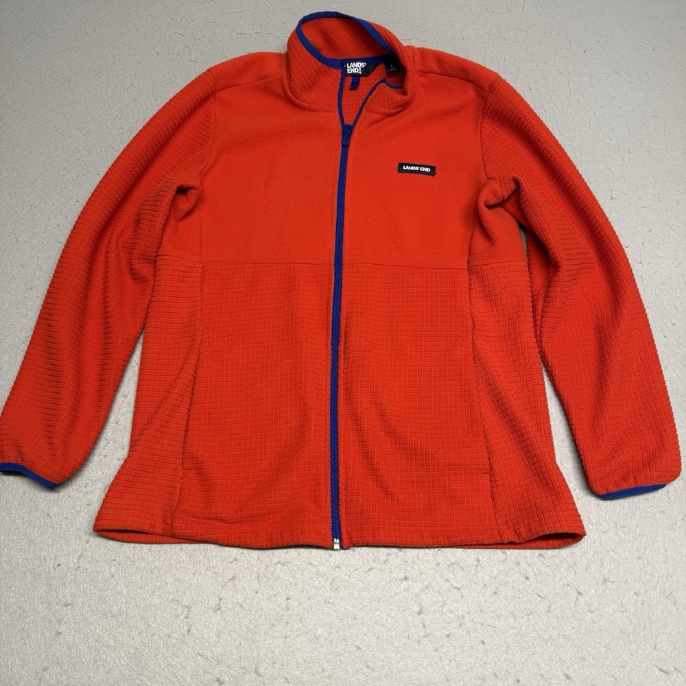 Lands End Womens Jacket Grid Fleece Full Zip Orange Blue Gorpcore Outdoors Large